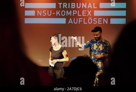 Chemnitz, Germany. 01st Nov, 2019. The organizers Doris Liebscher and Vincent Bababoutilabo open the 'NSU Tribunal', a project of civil society actors who shed light on the situation of migrants in Saxony. Under the motto 'The East is migrant', a varied programme is planned from 01.-03.11.2019 in Chemnitz and Zwickau. Affected persons, lawyers and activists should report on their experiences and strategies in the fight against racism. Credit: Peter Endig/dpa-Zentralbild/dpa/Alamy Live News Stock Photo