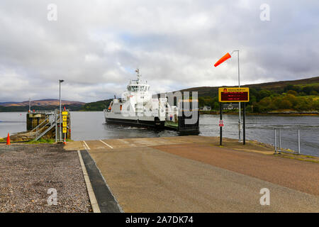 The MV Loch Fyne vehicle ferry at Lochaline which runs to Fishnish on the island of Mull, Scottish Highlands, Scotland, UK Stock Photo