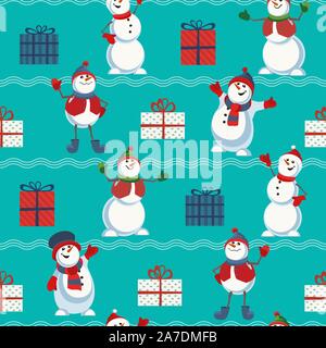 Cute snowman hand drawn vector seamless pattern Stock Vector