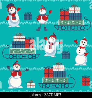 Santa Sleigh hand drawn flat color seamless pattern Stock Vector