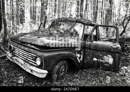 White, GA / USA - October27, 2018 - Old Scrap Ford Truck in the Woods at a Junk Yard. Stock Photo