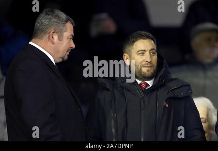 Bristol City manager Lee Johnson (right) in the stands as he serves a touchline ban during the Sky Bet Championship match at Oakwell, Barnsley. Stock Photo