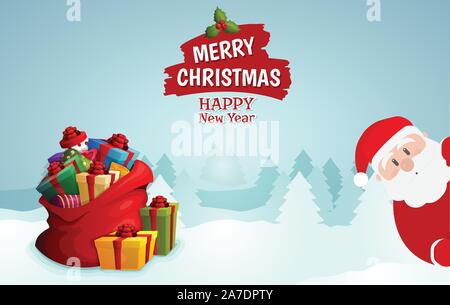 Merry Christmas lettering, Happy Christmas companions. Santa Claus with gifts, Snowman, Reindeer, and elf in Christmas snow scene Stock Vector