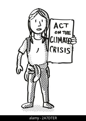 Cartoon style illustration of a young student or child with placard, Act on the Climate Crisis protesting on Climate Change in black and white on isol Stock Photo