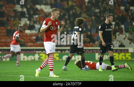 Barnsley's Cauley Woodrow reacts after a missed chance during the Sky Bet Championship match at Oakwell, Barnsley. Stock Photo