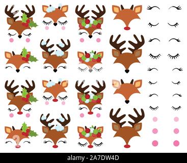 Vector Set of Cute Reindeer Faces Stock Vector