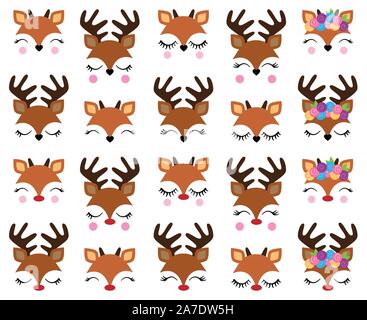 Vector Set of Cute Reindeer Faces Stock Vector