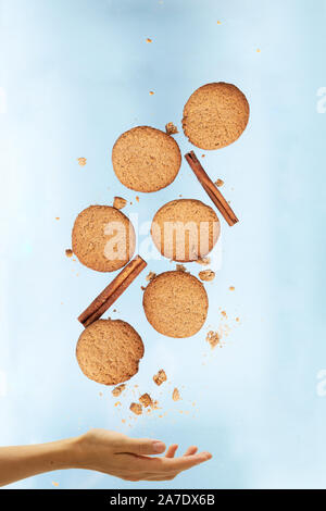Ginger cookies with dry apple and oranges slices and cinnamon stick are flying on a blue background. Food levitation. Christmas concept Stock Photo
