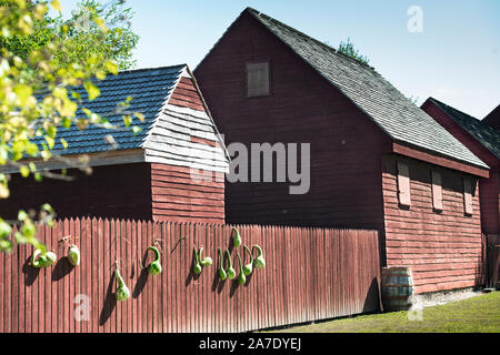 Colonial Williamsburg, Peyton Randolph house outbuildings & fence, decorated with seasonal gourds. Bright sunlight. Blue sky and rust colored paint. Stock Photo