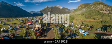 Aerial photo showing the small town of Silverton Colorado in early morning light. Stock Photo