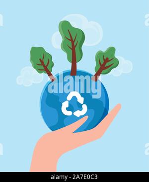 eco friendly scene and hand with planet earth vector illustration design Stock Vector