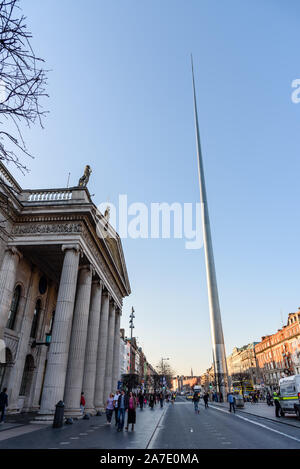 THE SPIRE, O'CONNELL STREET, DUBLIN, IRELAND-APRIL 06, 2015:The Spire of Dublin is a striking 120 metre high landmark in the heart of Dublin City. Stock Photo