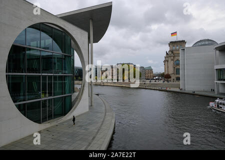 Berlin city reichstag riverside view with people tourists and public transport Stock Photo