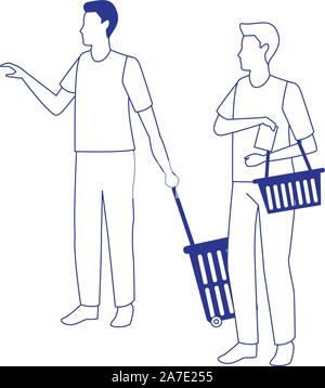 avatar men with supermarket baskets, flat design Stock Vector