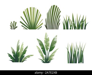 Set of green grass and bushes modern foliage design for garden or public park decoration flat vector illustration isolated on white background. Stock Vector