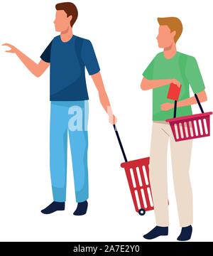 avatar men with supermarket baskets, flat design Stock Vector