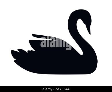 Black silhouette swan largest flying bird swim on water cartoon animal design flat vector illustration isolated on white background. Stock Vector