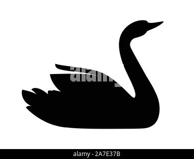 Black silhouette swan largest flying bird swim on water cartoon animal design flat vector illustration isolated on white background. Stock Vector
