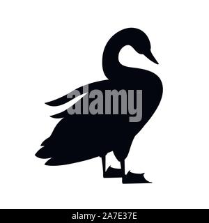 Black silhouette swan largest flying bird stand on ground cartoon animal design flat vector illustration isolated on white background. Stock Vector