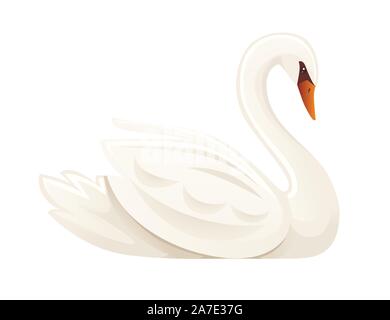 White swan largest flying bird swim on water cartoon animal design flat vector illustration isolated on white background. Stock Vector