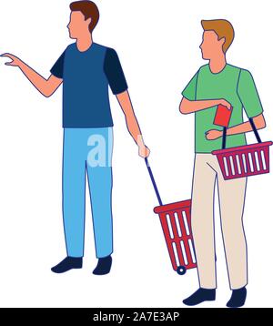 avatar men with supermarket baskets, flat colorful design Stock Vector