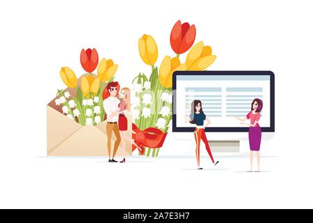 Open eco friendly paper envelope with spring flowers and couple date meeting concept creative design flat vector illustration on white background. Stock Vector