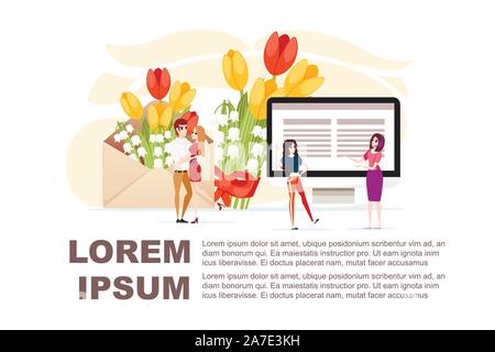 Open eco friendly paper envelope with spring flowers and couple date meeting concept creative design flat vector illustration on white background. Stock Vector