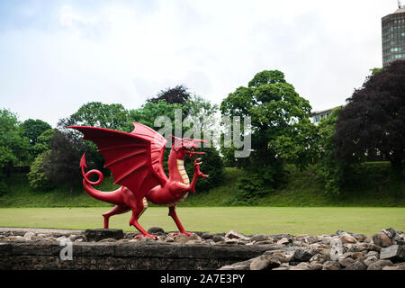 Chinese Dragon Cardiff, red royal dragon at Cardiff Castle. Wales. Copy space. Horizontal Format Stock Photo