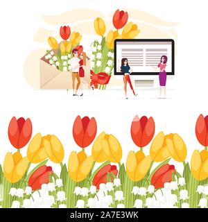 Open eco friendly paper envelope with spring flowers and couple date meeting concept creative design flat vector illustration on white background. Stock Vector