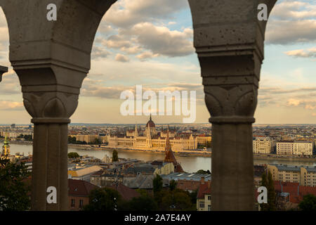 View from the Fisherman's Bastion in Budapest on the Parliament building at sunset. Stock Photo