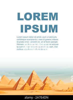 Giza Egyptian Pyramids desert landscape with camels flat vector illustration vertical banner design. Stock Vector