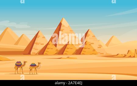 Giza Egyptian Pyramids desert landscape with camels flat vector illustration horizontal image. Stock Vector