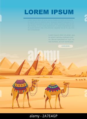 Giza Egyptian Pyramids desert landscape with camels flat vector illustration vertical banner design. Stock Vector