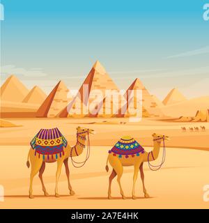 Giza Egyptian Pyramids desert landscape with camels flat vector illustration horizontal image. Stock Vector