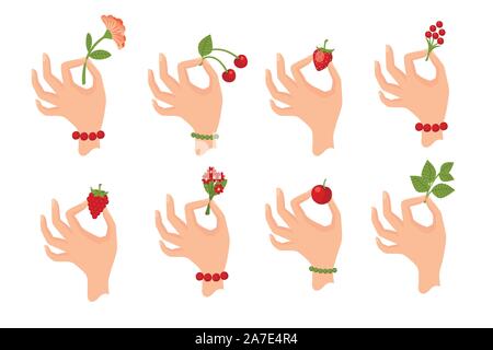 Set of hand holding berries or leaves flat vector illustration isolated on white background. Stock Vector