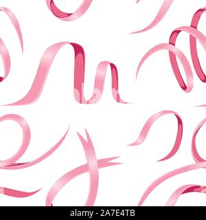 Seamless pattern of pink glossy ribbon flat vector illustration on white background. Stock Vector
