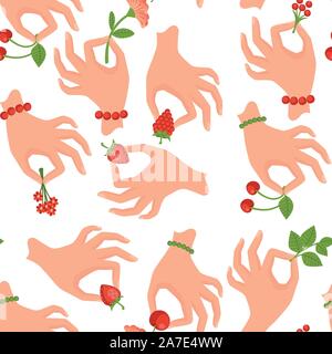 Seamless pattern of hand holding berries or leaves flat vector illustration on white background Stock Vector