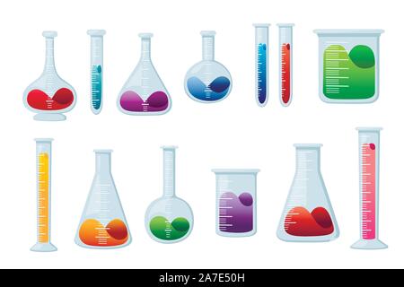 Set of laboratory chemistry flasks with different size and shapes and filled with liquid flat vector illustration isolated on white background. Stock Vector