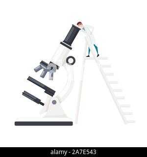 Big white microscope with scientist climbs the ladder cartoon character design flat vector illustration on white background. Stock Vector