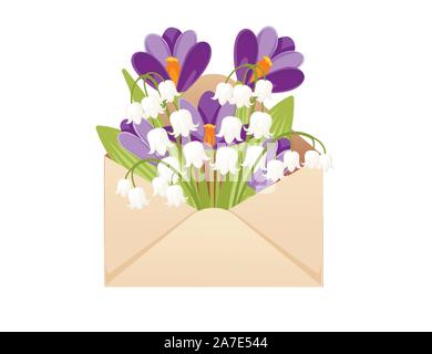 Open eco friendly paper envelope with spring flowers creative design flat vector illustration on white background. Stock Vector
