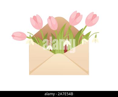 Open eco friendly paper envelope with spring flowers creative design flat vector illustration on white background. Stock Vector