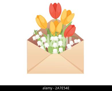 Open eco friendly paper envelope with spring flowers creative design flat vector illustration on white background. Stock Vector