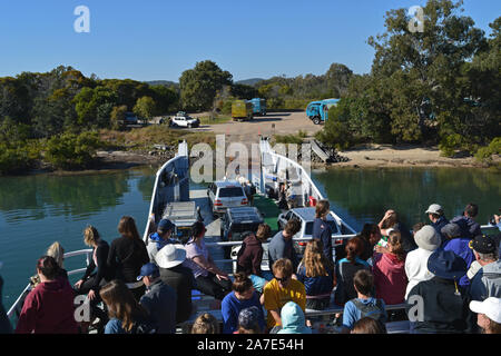 Ferry arriving at K'gari, also known as Fraser Island, off the Queensland Coast, Australia Stock Photo