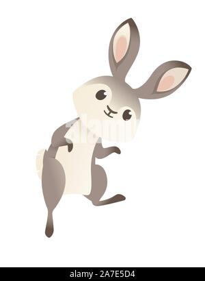 Cute grey rabbit jumping and want to play cartoon animal design flat vector illustration isolated on white background. Stock Vector