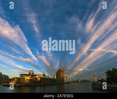 Sunset on the Lowry Arts Centre and the Imperial Point apartment block, Salford Quays, Manchester, England, UK Stock Photo