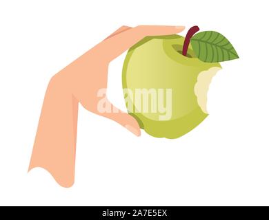 Hand hold the green bitten apple flat vector illustration isolated on white background. Stock Vector