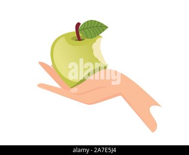 Hand hold the green bitten apple flat vector illustration isolated on white background. Stock Vector