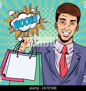 businessman with shopping bags and woow expresion pop art style Stock Vector