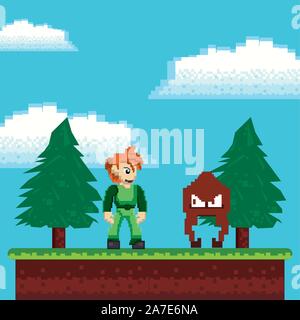 video game warriors in pixelated scene Stock Vector