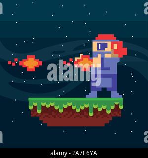 video game warrior shooting in pixelated scene Stock Vector
